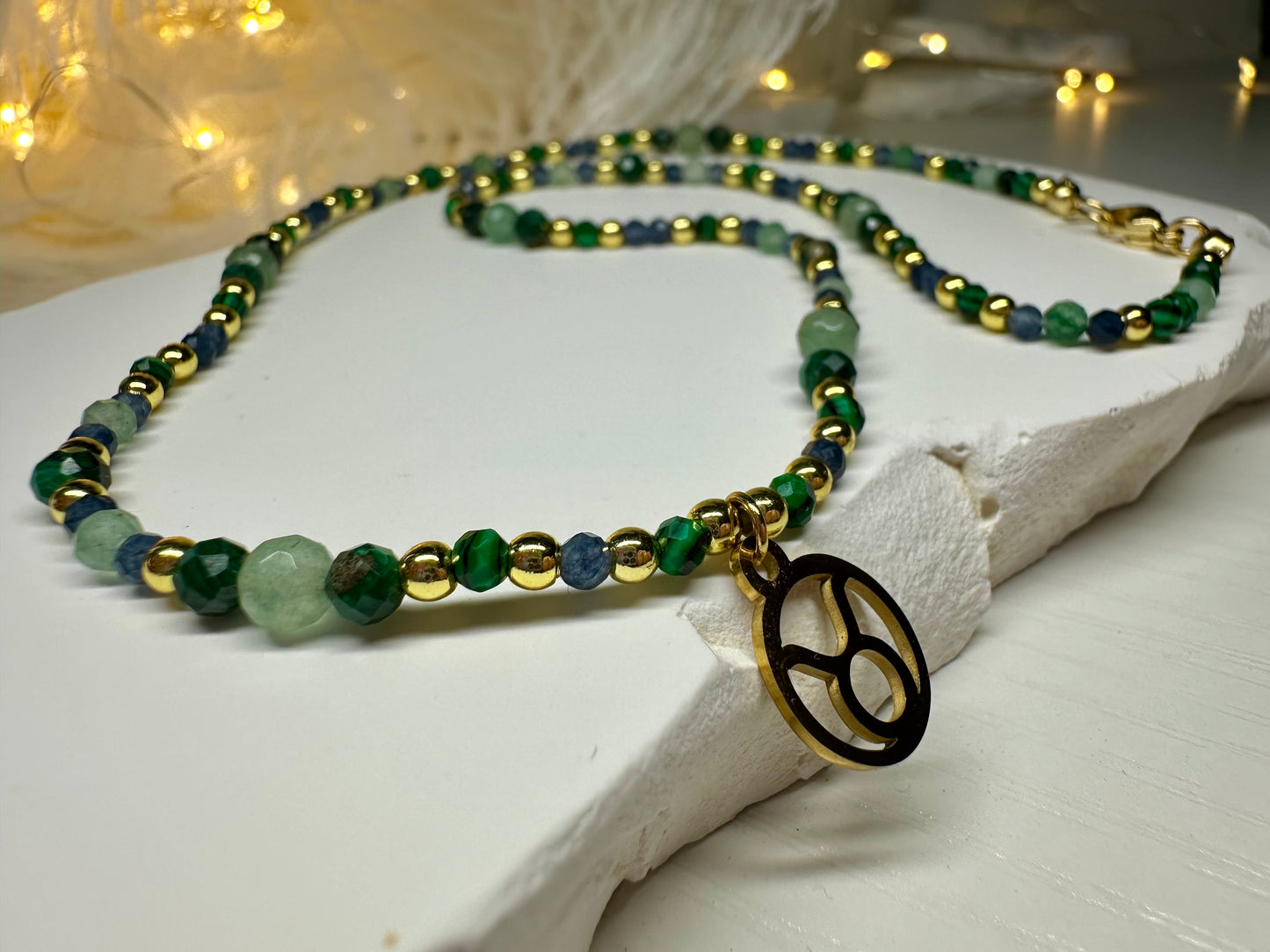 Handmade Taurus Zodiac Necklace – Malachite, Green Aventurine & Sapphire Beads