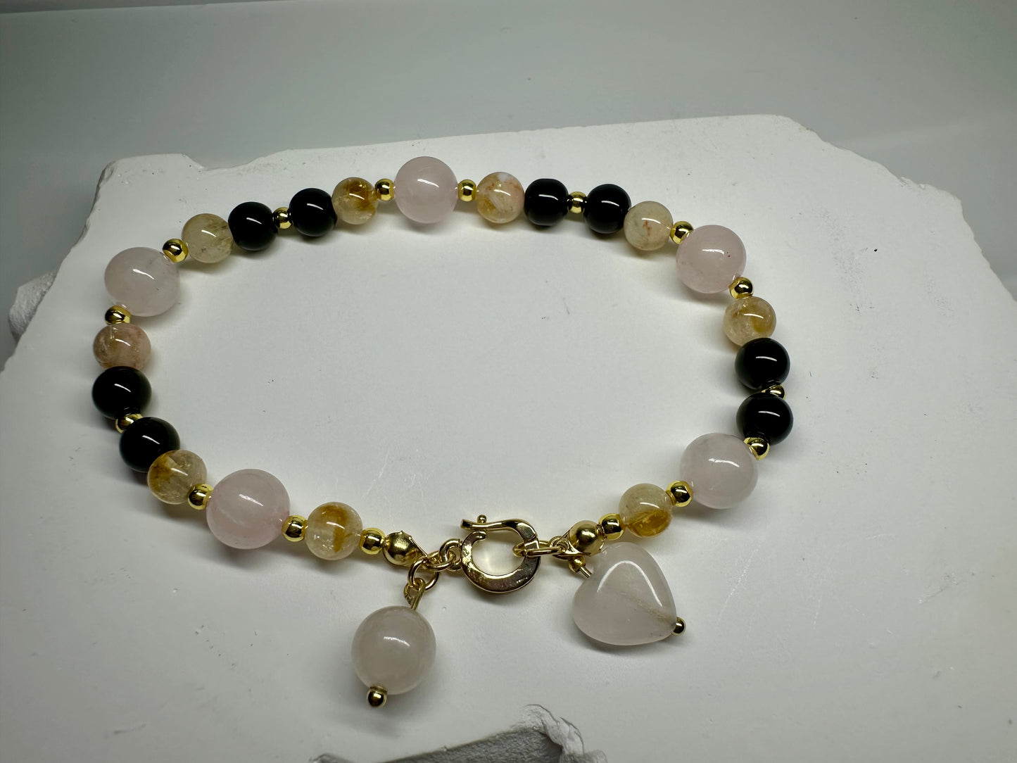Citrine, Black Tourmaline, Rose Quartz Bracelet – Protection, Love & Abundance Bracelet