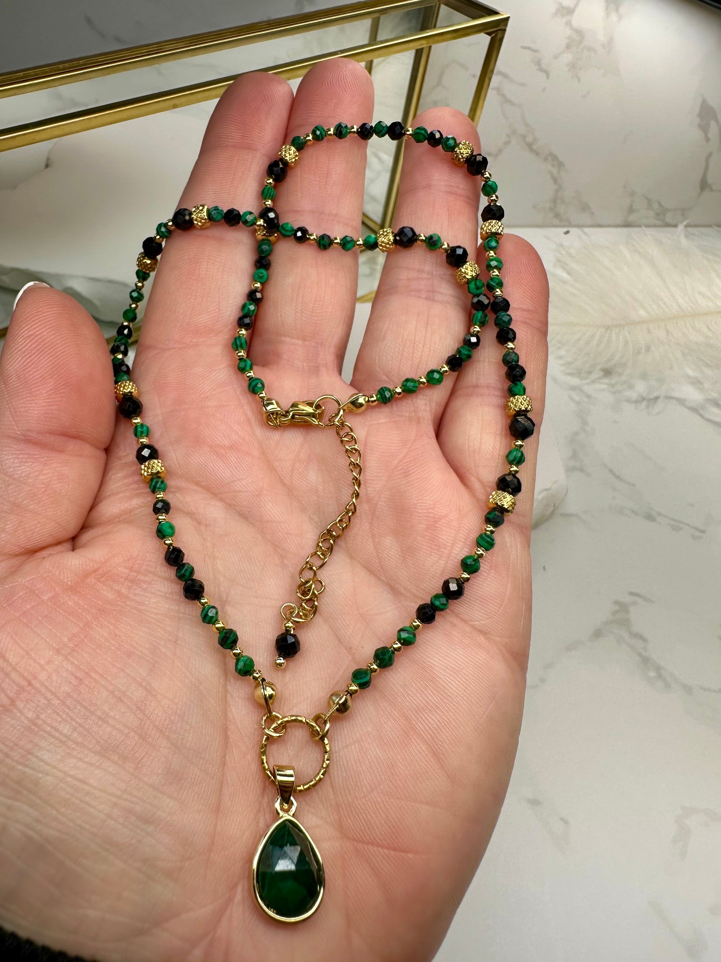 Malachite & Tourmaline Protection Necklace – Handmade Crystal Jewelry
