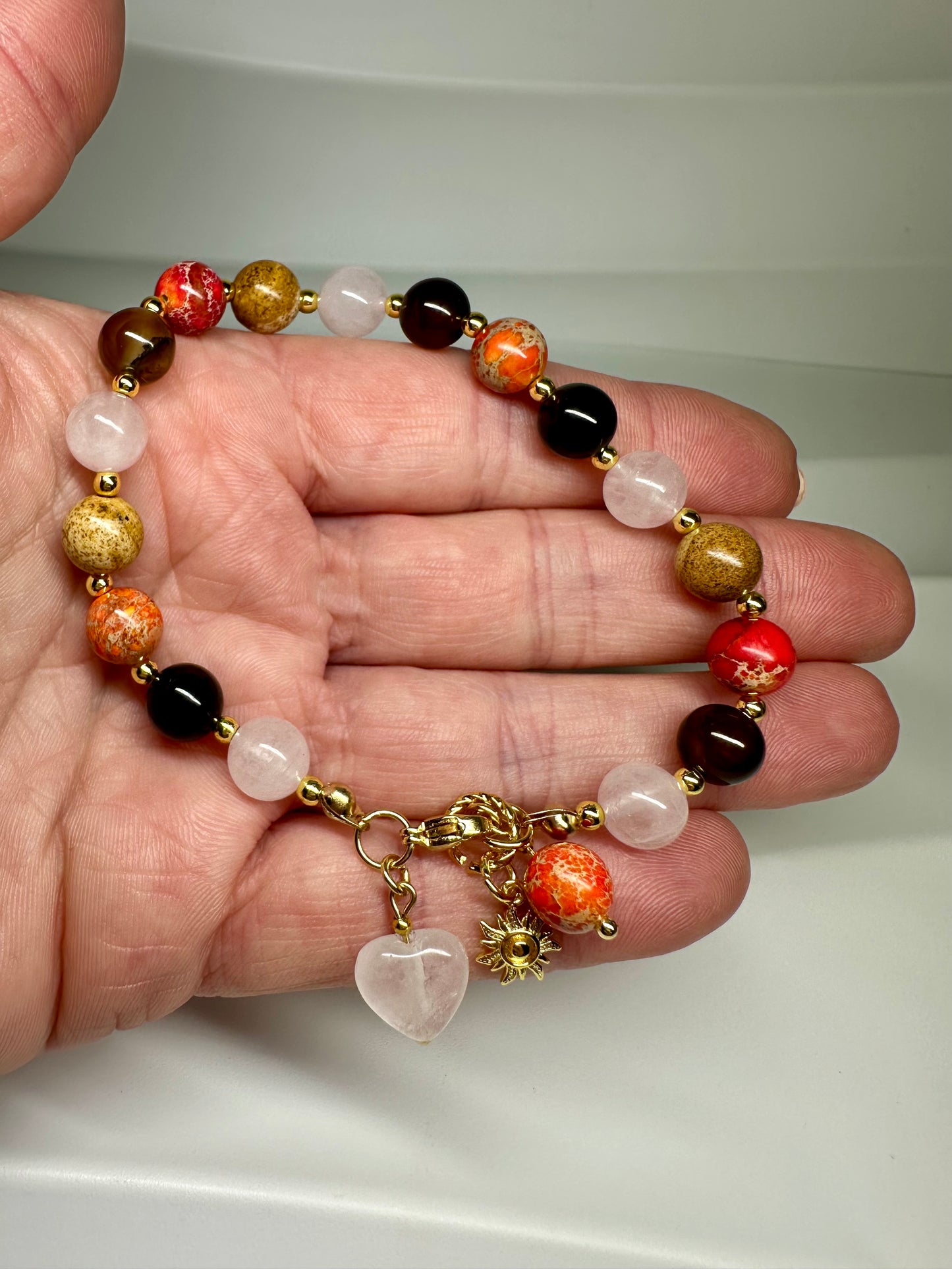 Rose Quartz, Picture Jasper, Agate Bracelet – Grounding & Heart Energy Bracelet