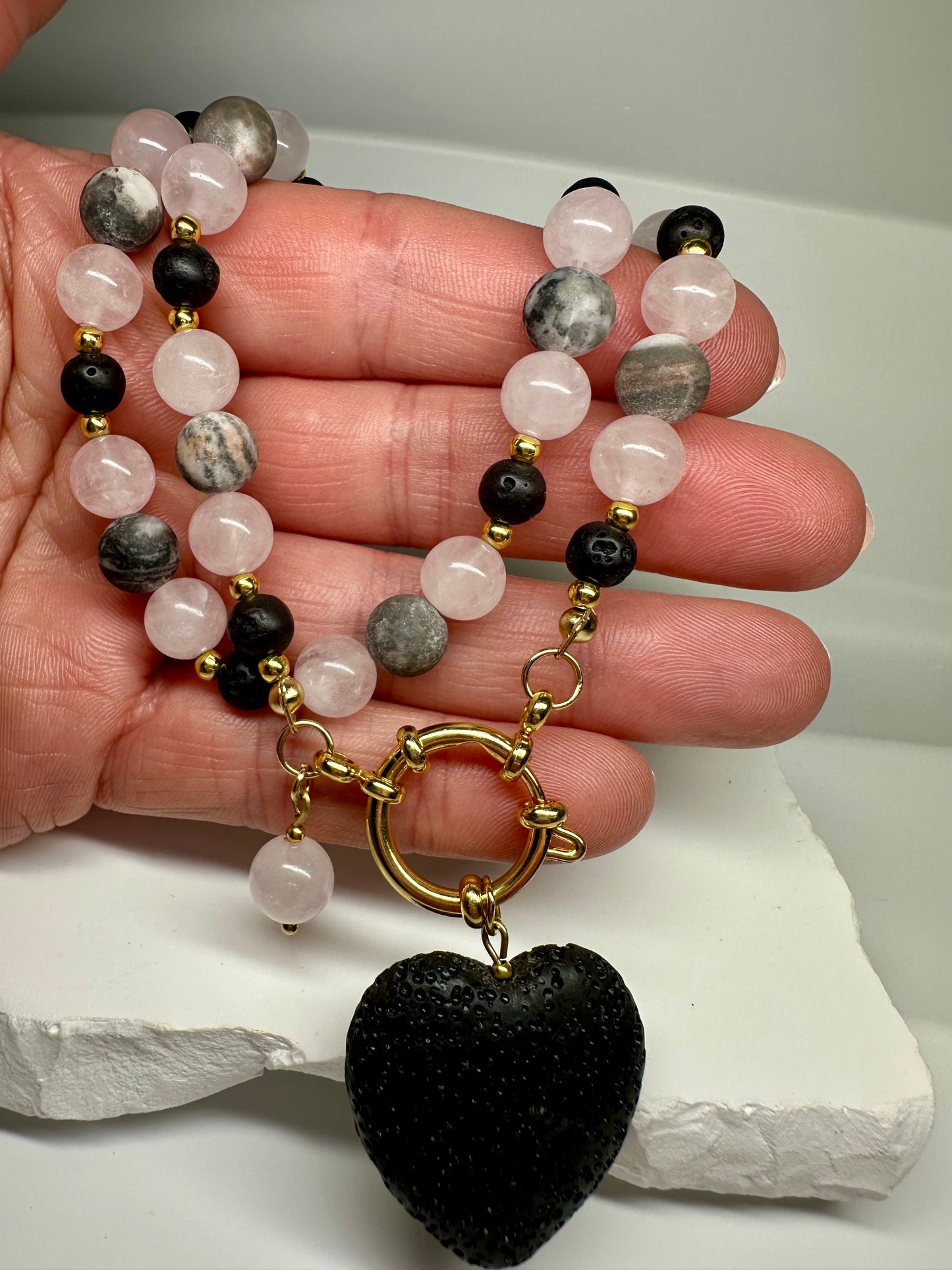 Grounded Love Crystal Necklace – Rose Quartz, Black Lava & Pink Zebra Jasper | Handmade Spiritual Jewellery for Balance & Healing