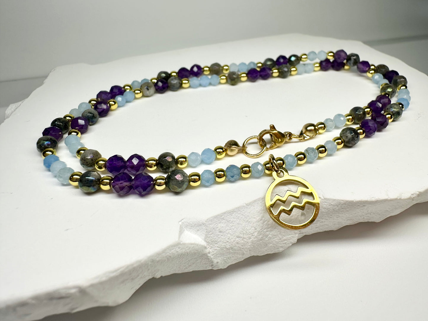 Aquarius Zodiac Necklace – Amethyst, Labradorite & Aquamarine for Intuition & Flow