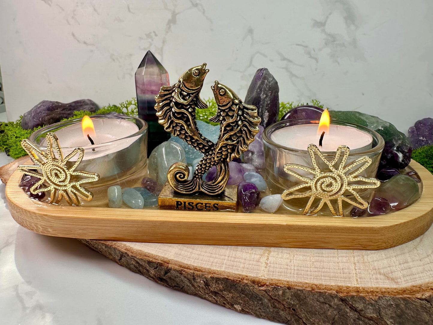 Pisces Zodiac Crystal Altar • Rainbow Fluorite, Aquamarine & Amethyst