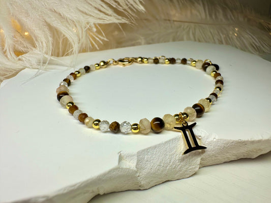 Handmade Gemini Zodiac Bracelet – Tiger Eye, Citrine & Clear Quartz