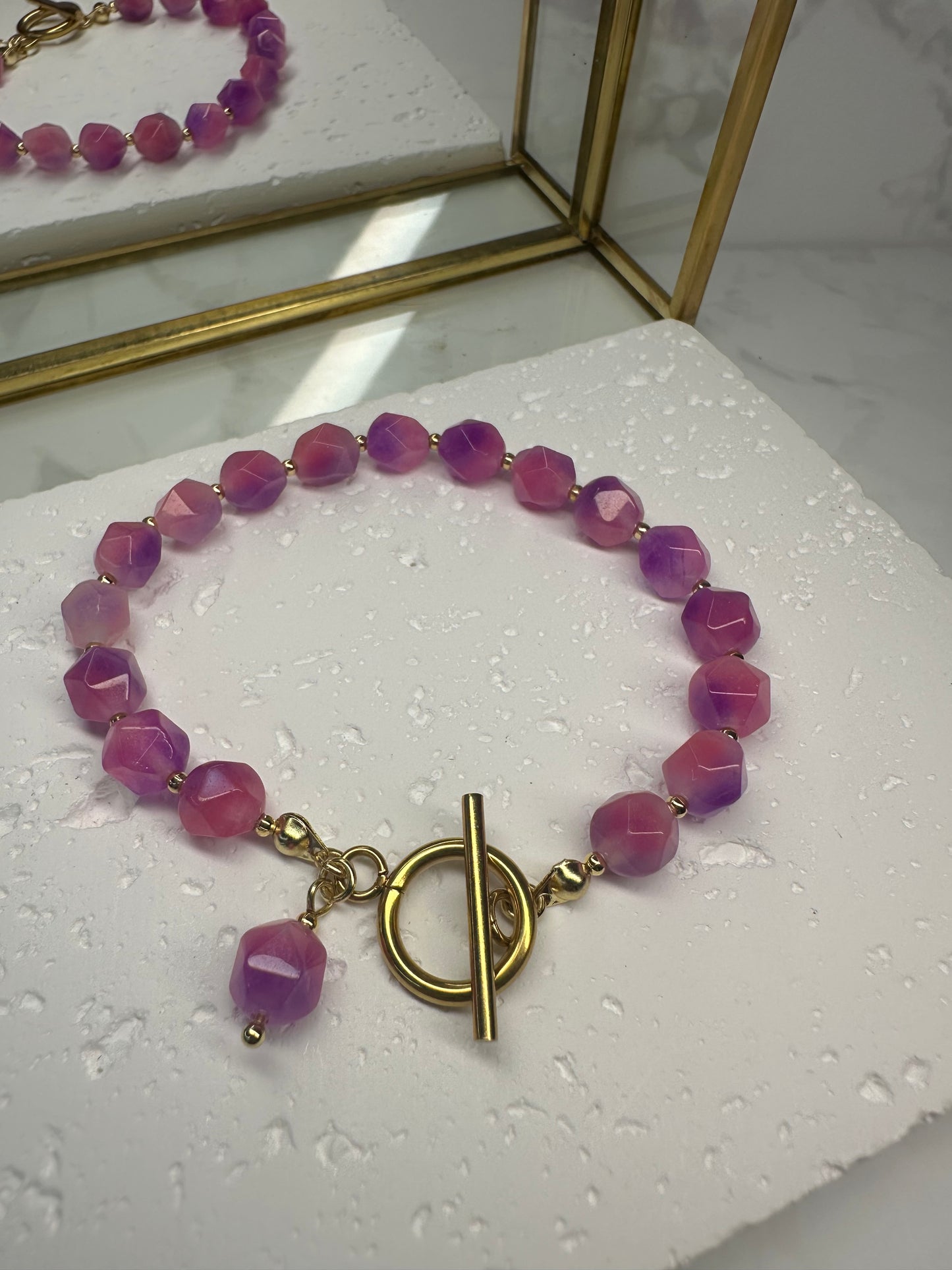 Two‑Tone Pink Jade Bracelet • 8mm•Toggle Clasp