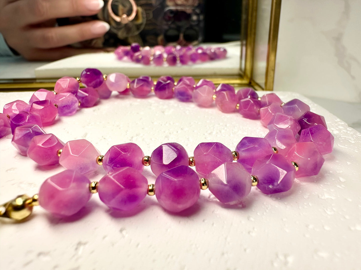 Pink Jade Necklace – Handmade Bohoq Jewellery with Large Sun Charm