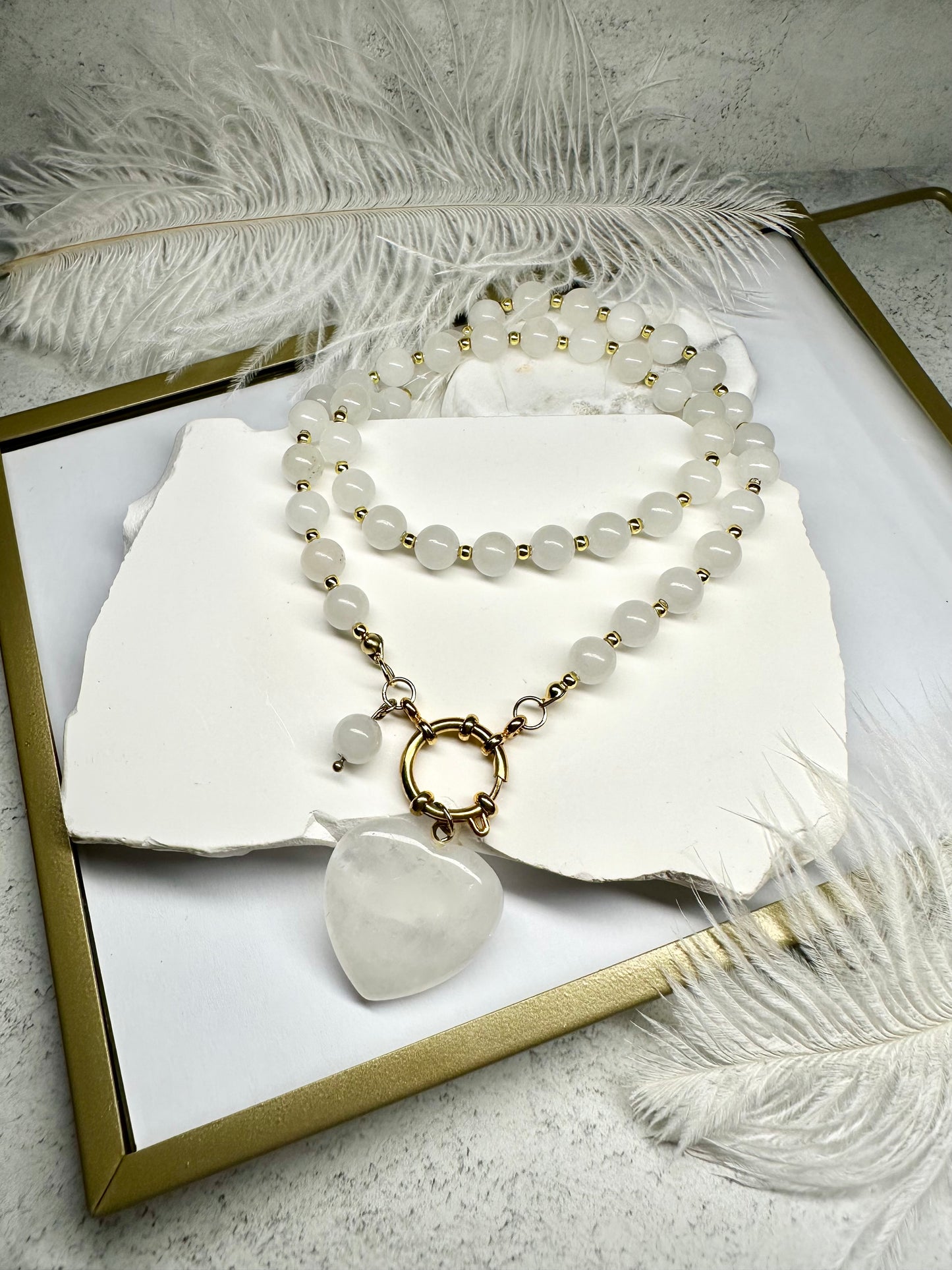 Clear Quartz Heart Necklace – 8mm Beads, Gold Clasp, Handmade Crystal Jewelry