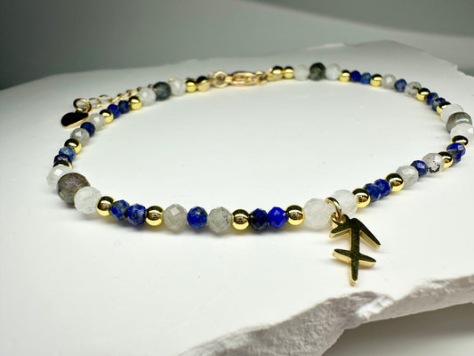 Sagittarius Zodiac Bracelet – Lapis Lazuli, Labradorite & Moonstone | Handmade Crystal Astrology Jewellery | Birthstone Gift for Her