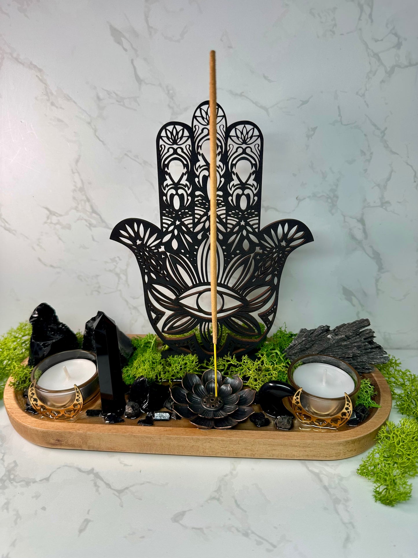 Black Tourmaline, Obsidian Protection Tray | Hamsa Hand Evil Eye Decor | Resin Altar Tray with Incense Holder | Ritual Decor, Spiritual Gift
