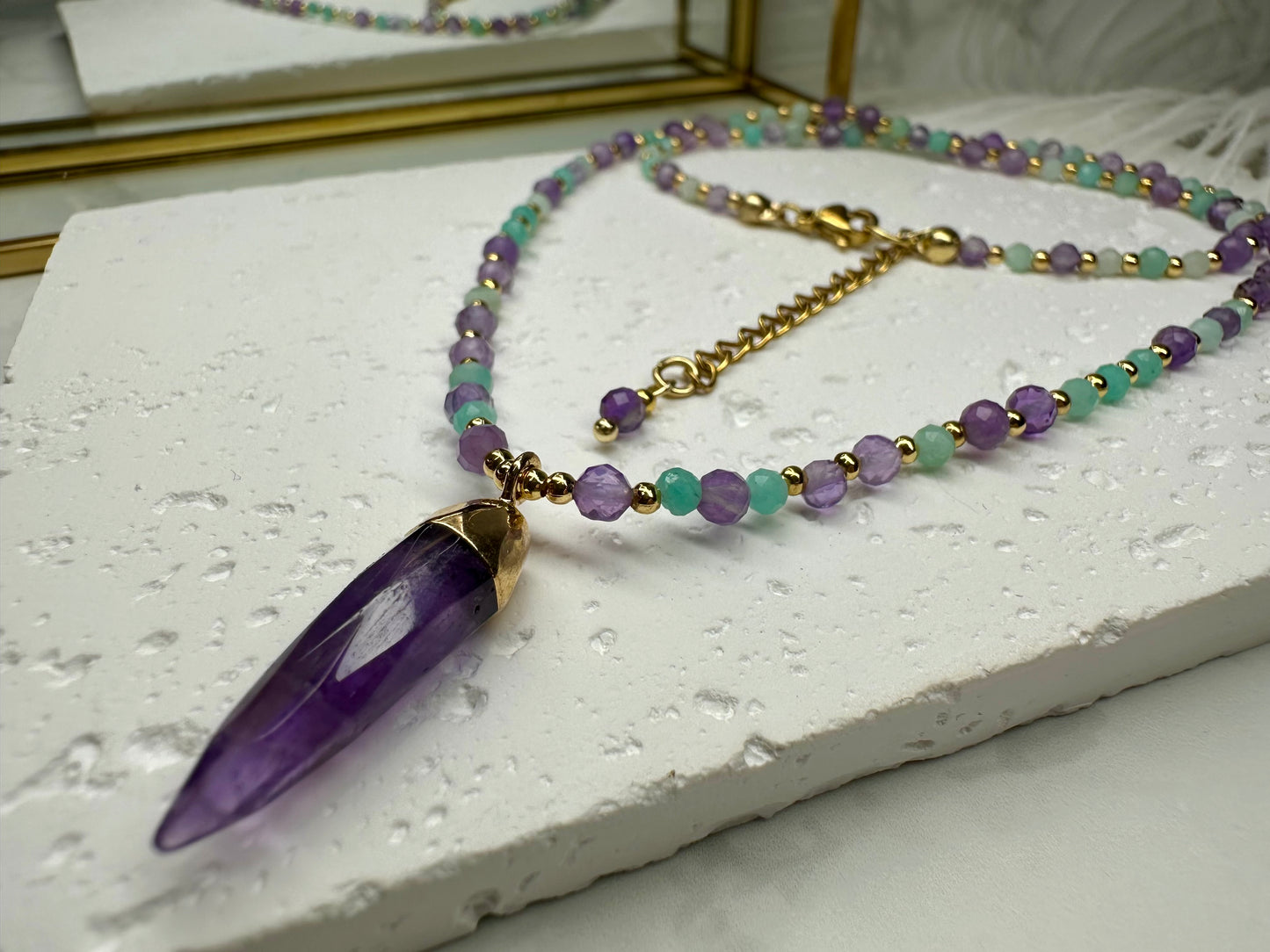 Amazonite & Amethyst Crystal Necklace, grounding and uplifting.