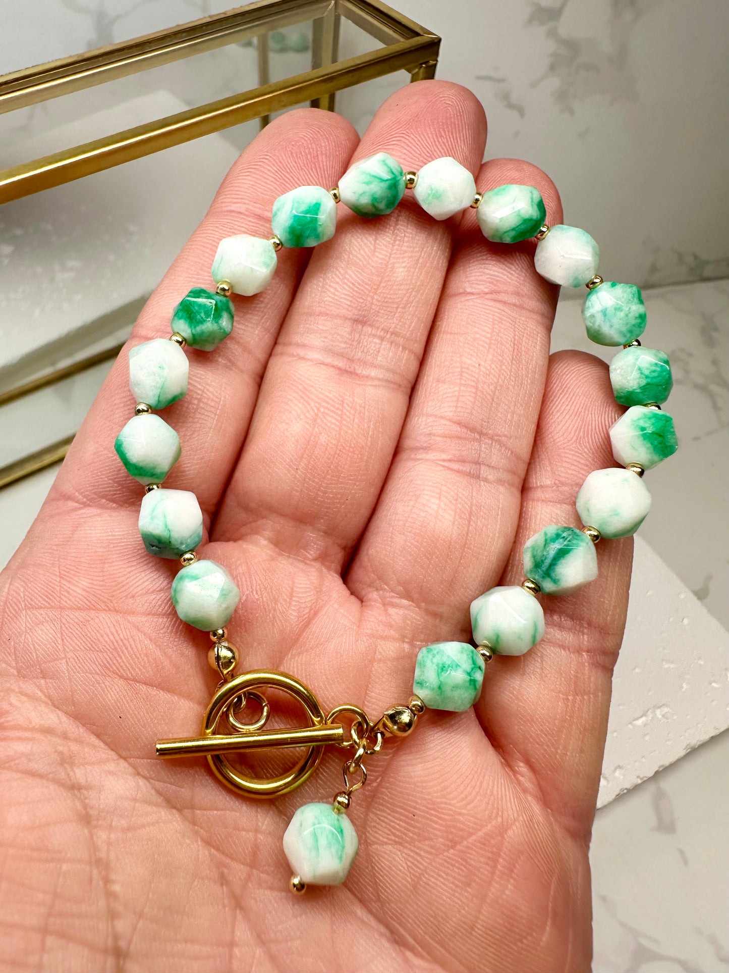 Two‑Tone Green & White Jade Bracelet • 8mm•Toggle Clasp