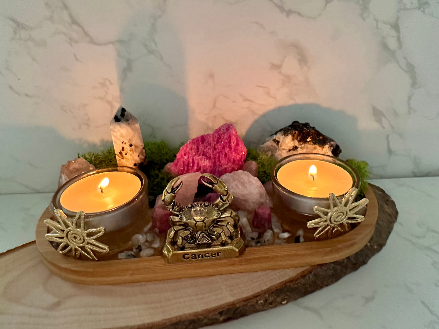 Cancer Zodiac Crystal Altar • Ruby, Rainbow Moonstone & Rose Quartz