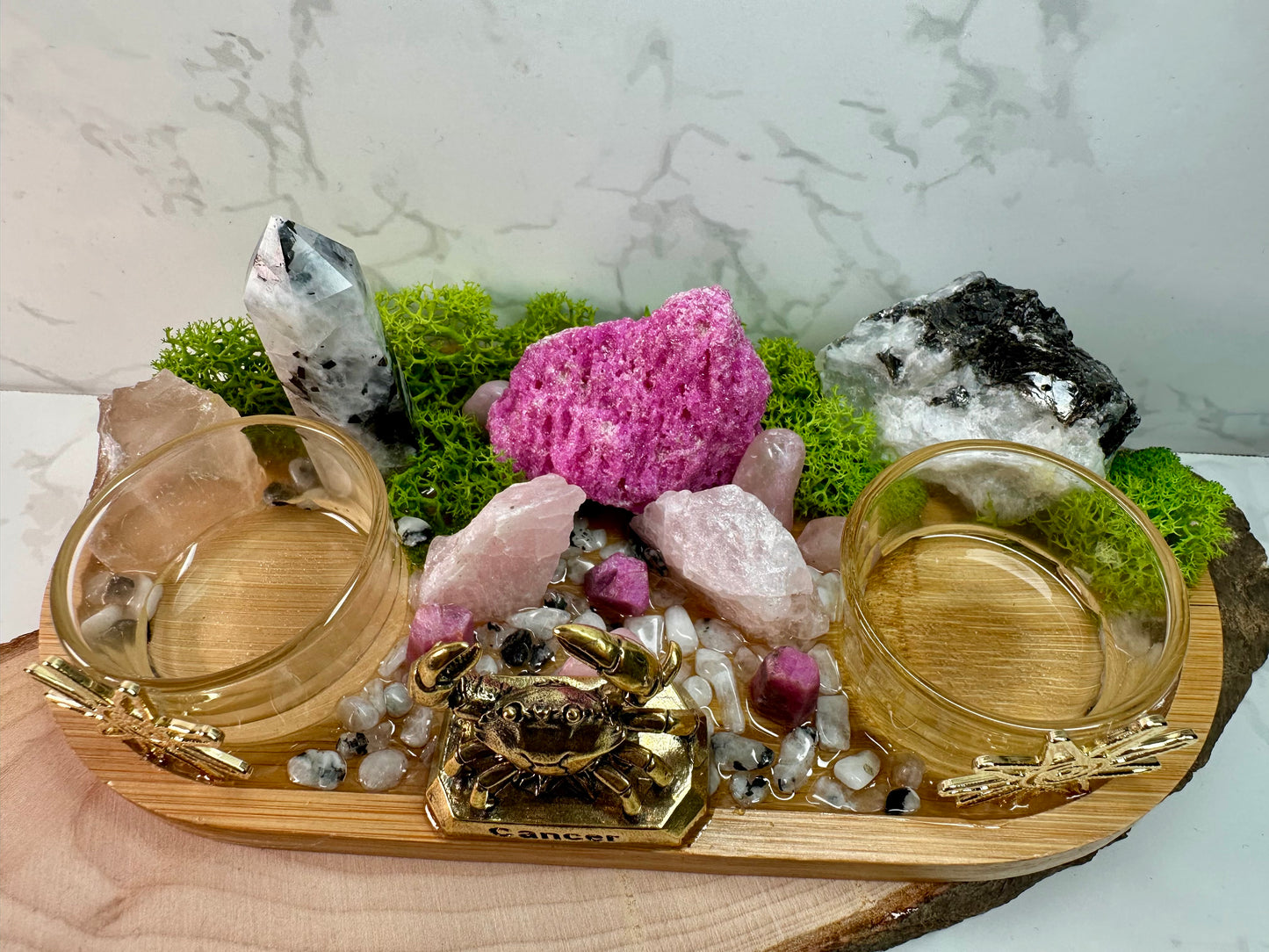 Cancer Zodiac Crystal Altar • Ruby, Rainbow Moonstone & Rose Quartz