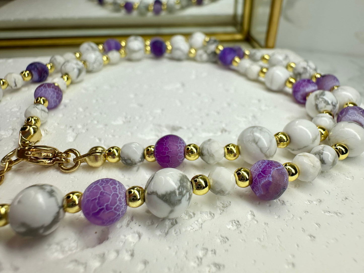 Lilac Cracked Agate - White Howlite Beaded Necklace with Evil Eye Pendant