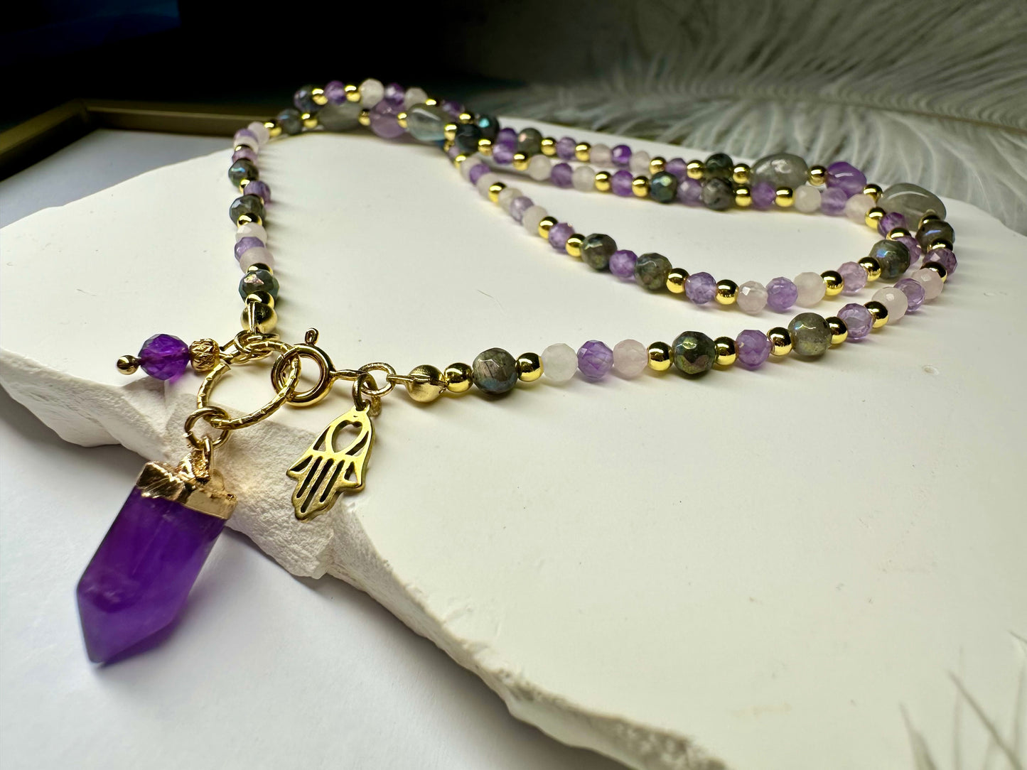 Labradorite, Rose Quartz & Amethyst Necklace – Handmade Beaded Crystal Necklace for Intuition, Love & Protection