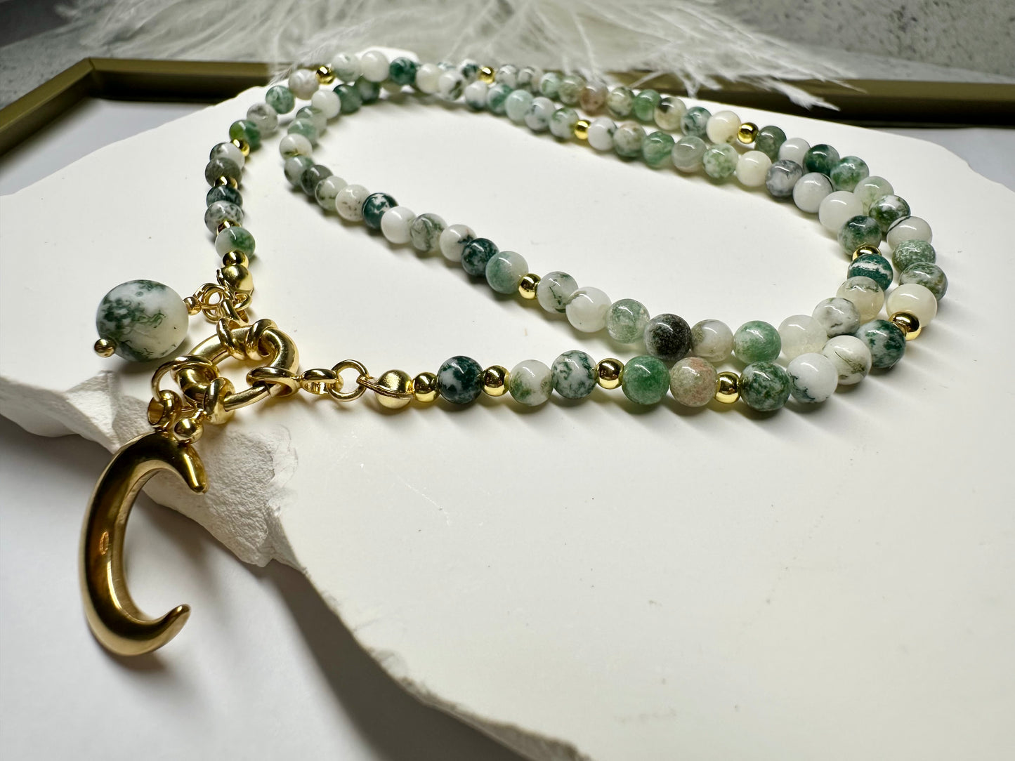 Tree Agate Beaded Necklace with Gold Crescent Moon Pendant
