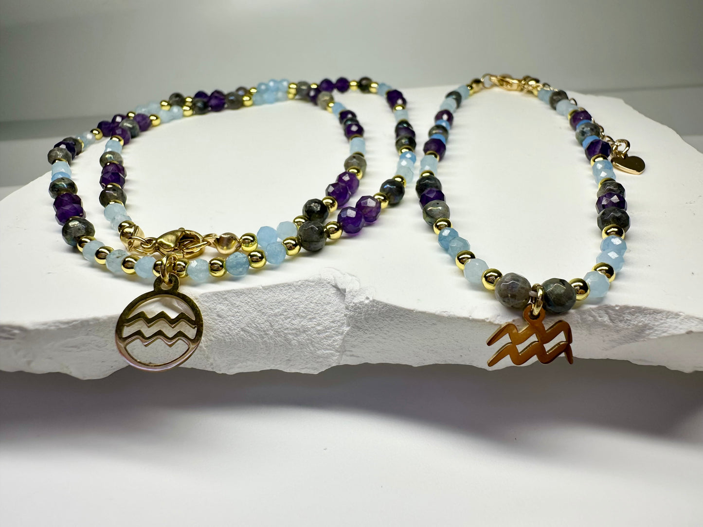 Aquarius Zodiac Jewellery Set – Aquamarine, Labradorite Amethyst| Intuition and Clarity , Birthstone  gift