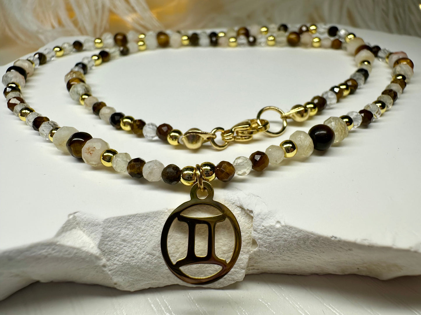 Handmade Gemini Zodiac Necklace – Tiger Eye, Citrine & Clear Quartz