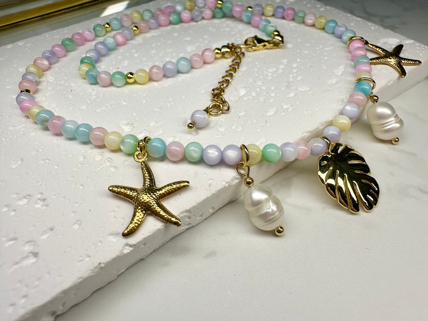 Shell Bead Necklace with Multicolour Pastel Beads, Freshwater Pearl, Starfish & Leaf Charms