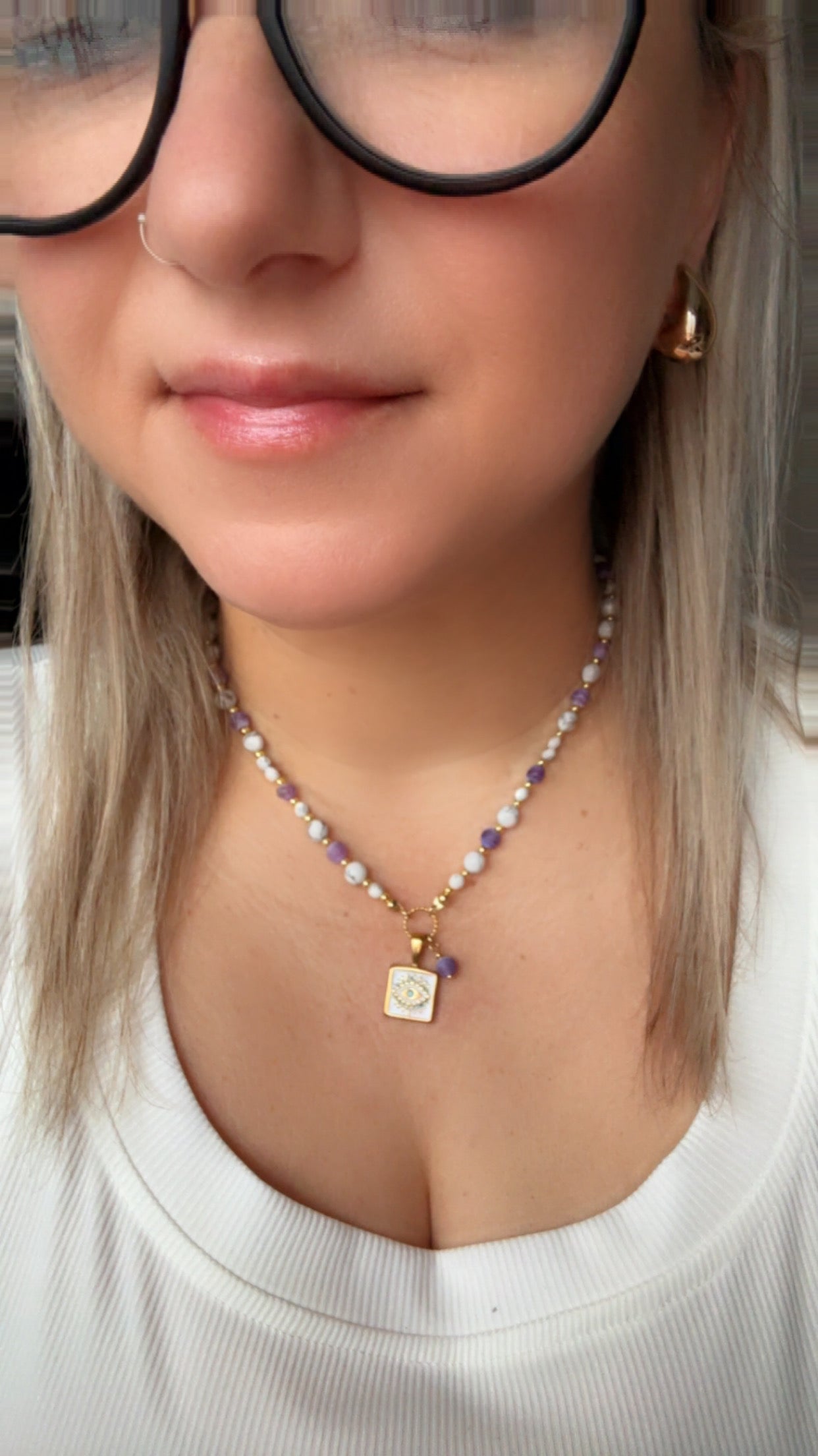 Lilac Cracked Agate - White Howlite Beaded Necklace with Evil Eye Pendant