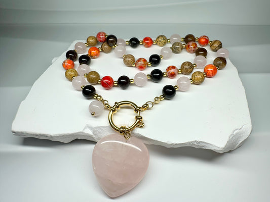 Emotional Balance Necklace – Rose Quartz, Picture Jasper, Striped Agate, Orange Jasper