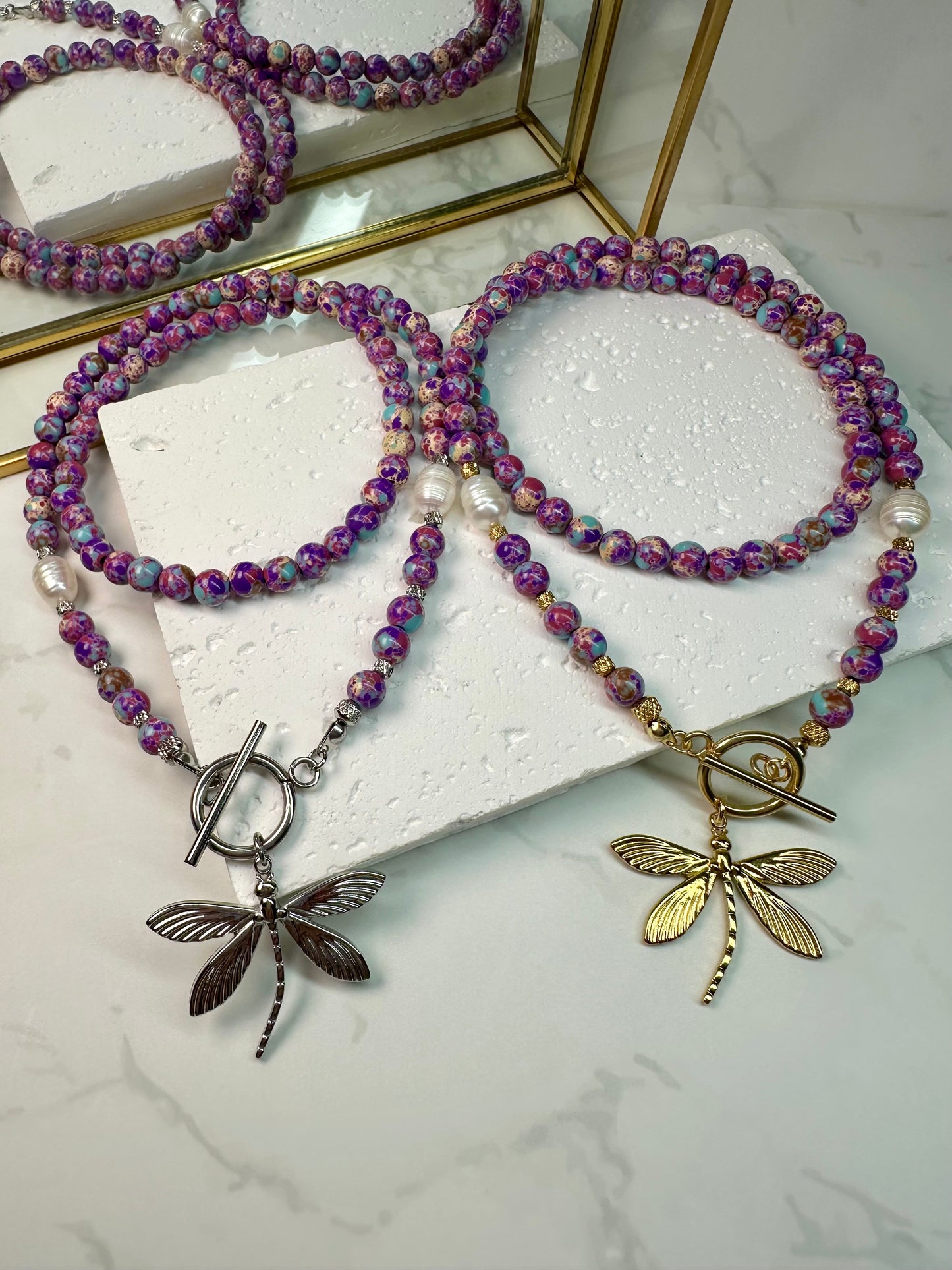 Purple Blue Sea Sediment Imperial Jasper Necklace-Barogue Pearl -Dragonfly Pendant