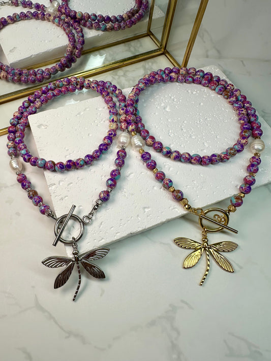 Purple Blue Sea Sediment Imperial Jasper Necklace-Barogue Pearl -Dragonfly Pendant