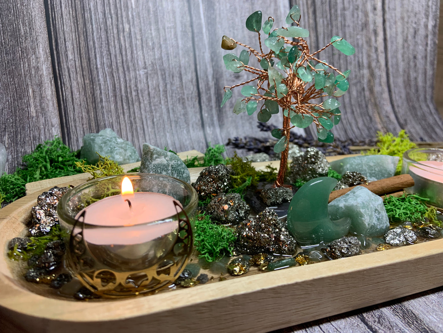 Prosperity Altar Tray, Money Pyrite & Green Aventurine Money Tree Candle Holder , Wealth Manifestation Decor, Abundance Ritual Crystal Gift
