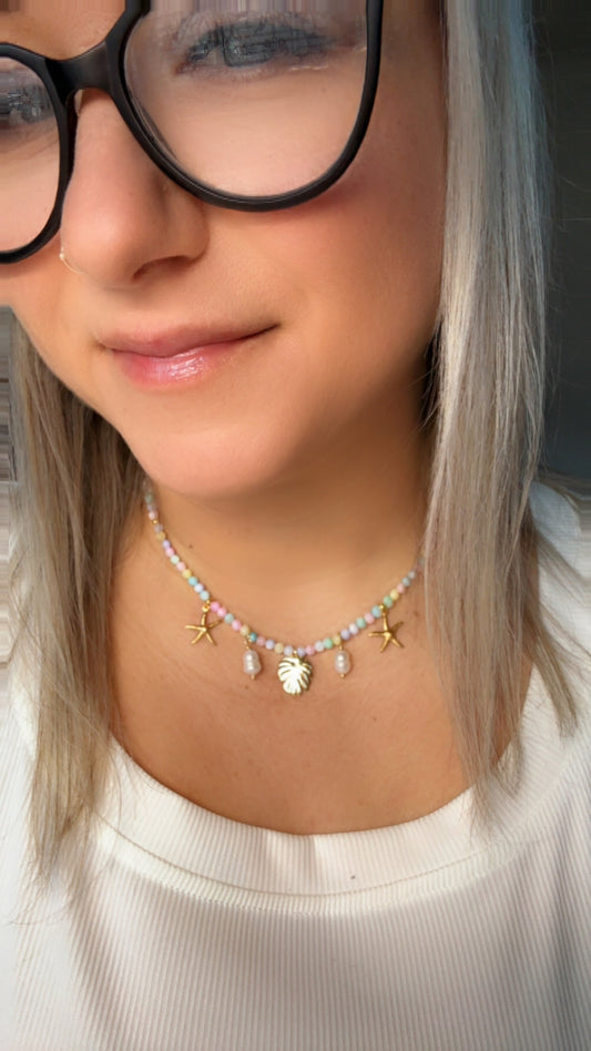Shell Bead Necklace with Multicolour Pastel Beads, Freshwater Pearl, Starfish & Leaf Charms