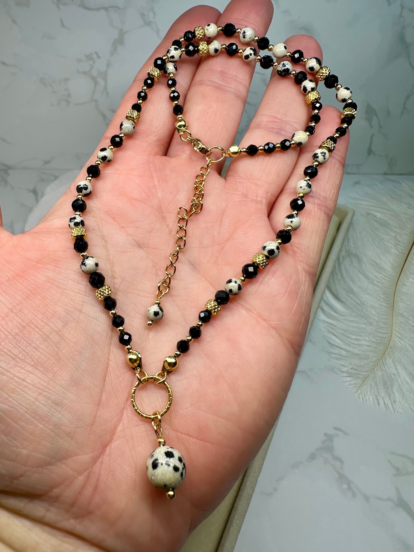 Black Tourmaline & Dalmatian Jasper Necklace – Protection, Grounding and Balance