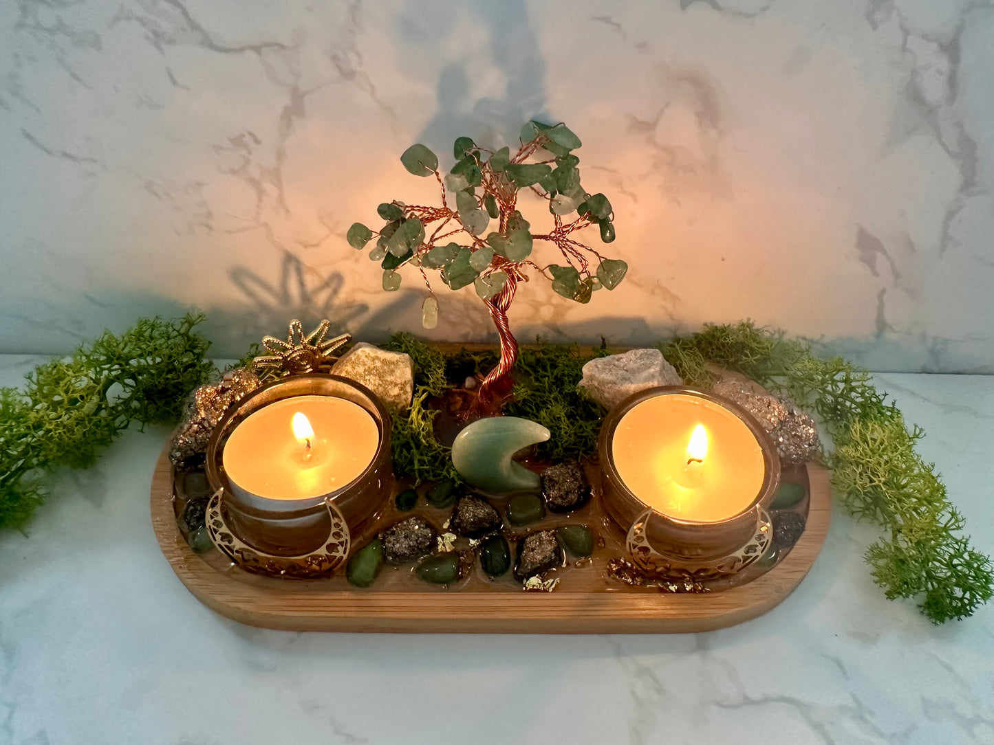 Pyrite & Green Aventurine Money Tree Tray | Prosperity Altar Decor | Wealth Manifestation Crystal Set | Abundance Ritual Gift