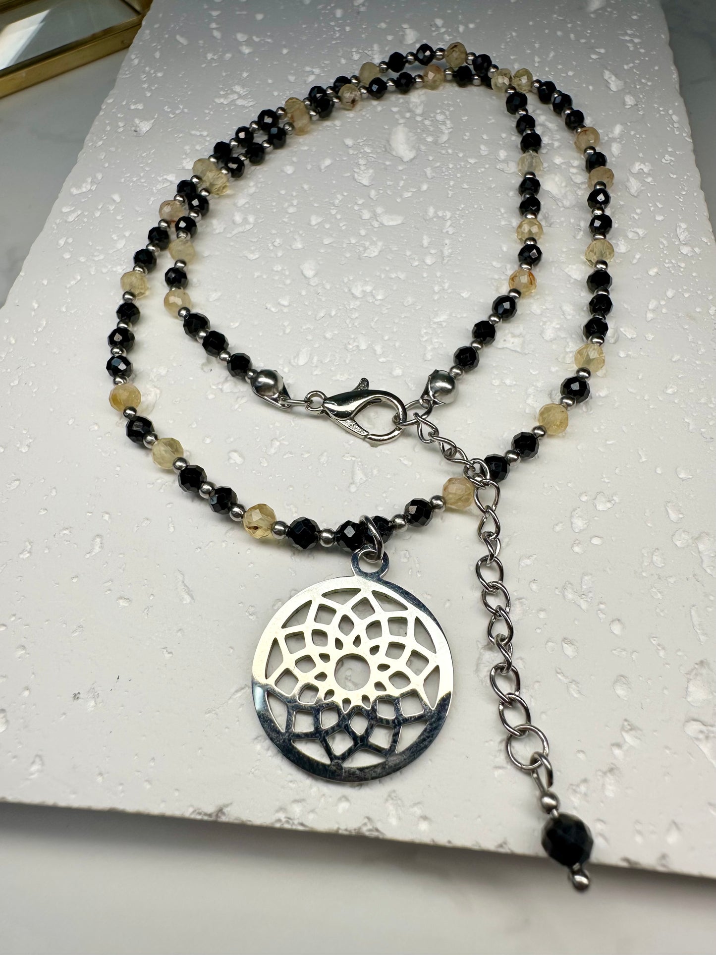 Dainty Black Tourmaline  Citrine Necklace • Mandala Pendant • Protection & Abundance