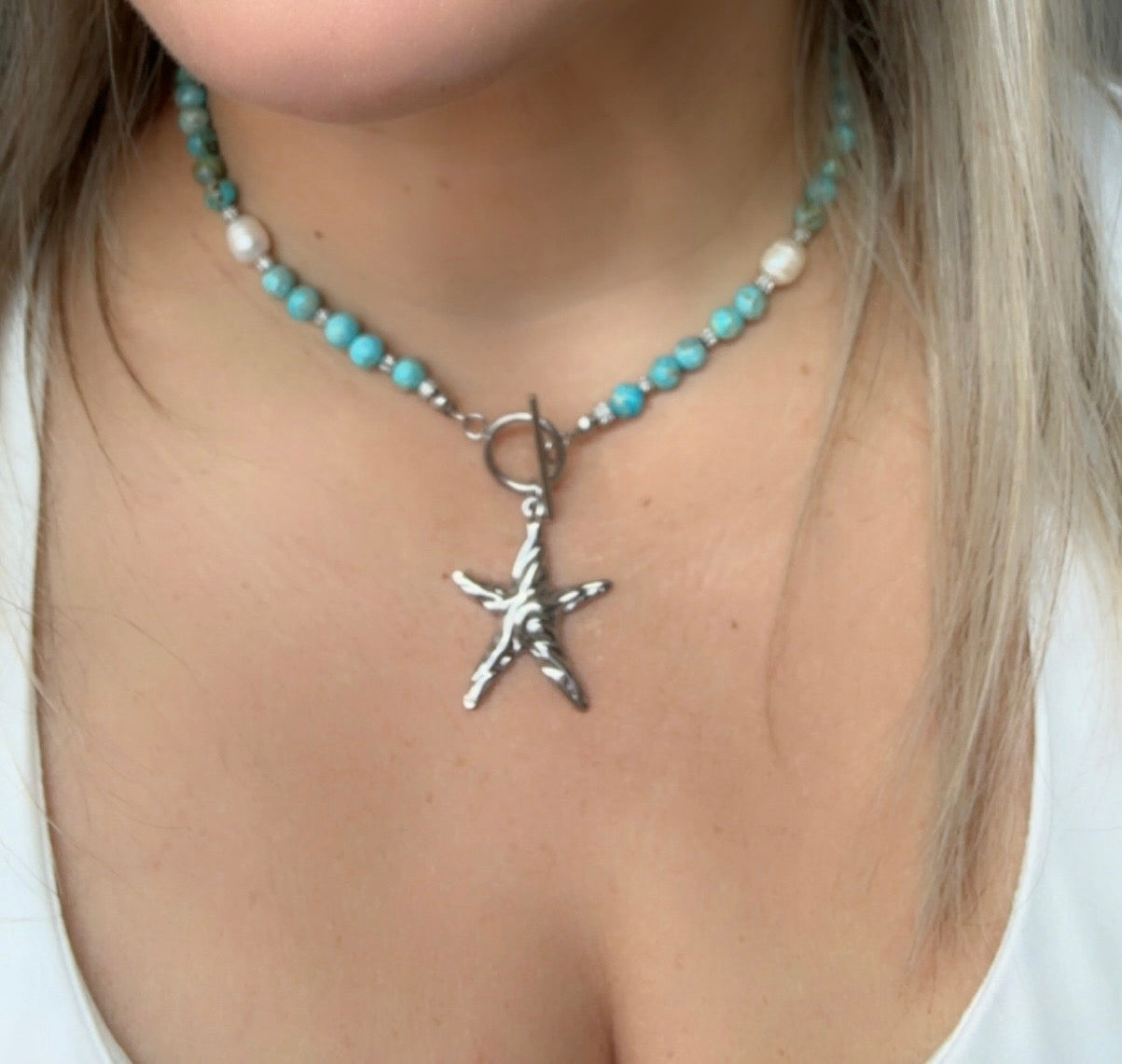 Turquoise-Blue Imperial Jasper Necklace with Baroque Pearls & Large Starfish Pendant – Gold or Silver Toggle T-Bar Handmade Ocean Jewelry