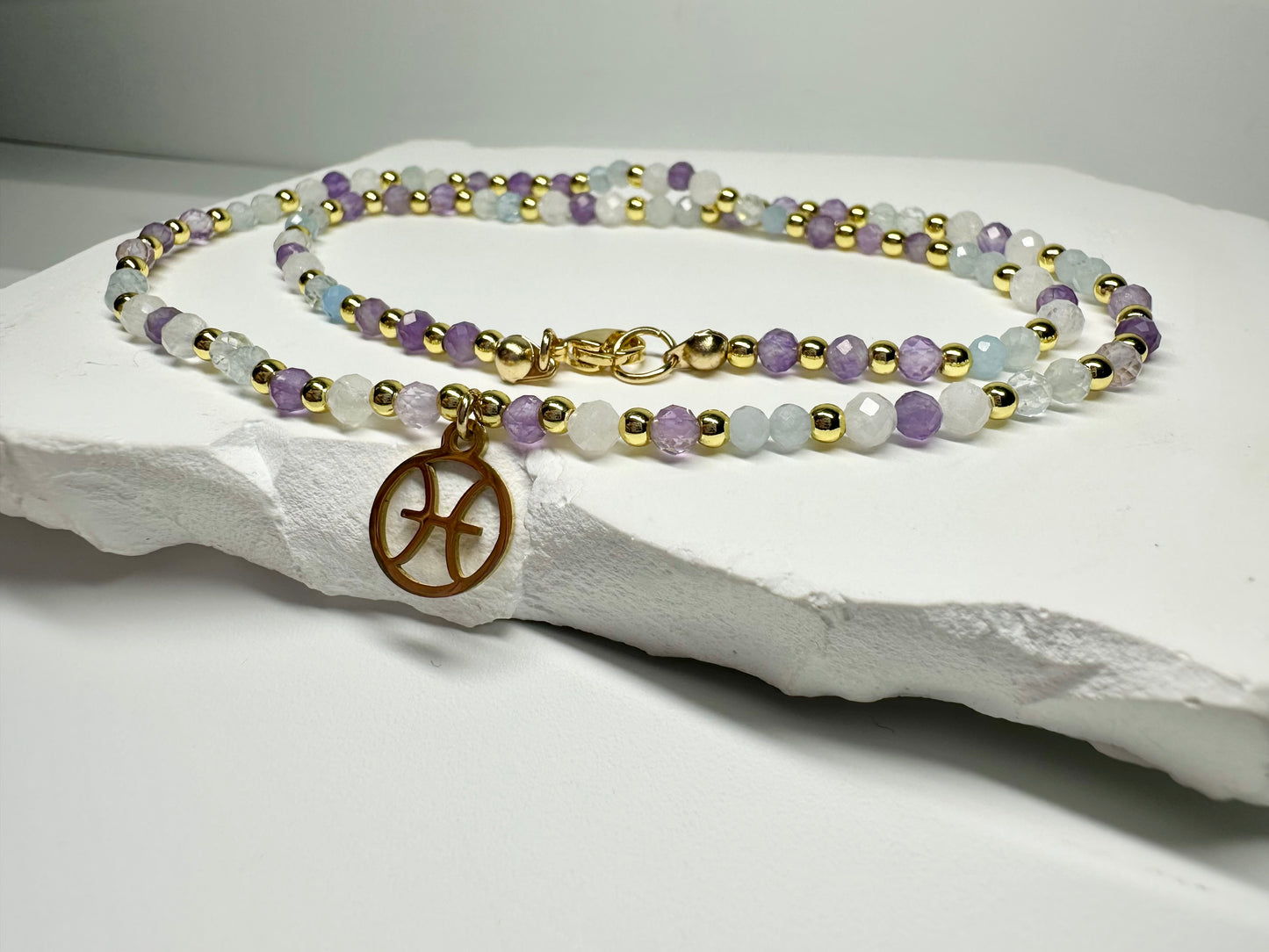 Pisces Zodiac Necklace – Moonstone, Aquamarine & Amethyst Beads for Intuition & Flow