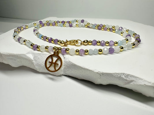 Pisces Zodiac Necklace – Moonstone, Aquamarine & Amethyst Beads for Intuition & Flow