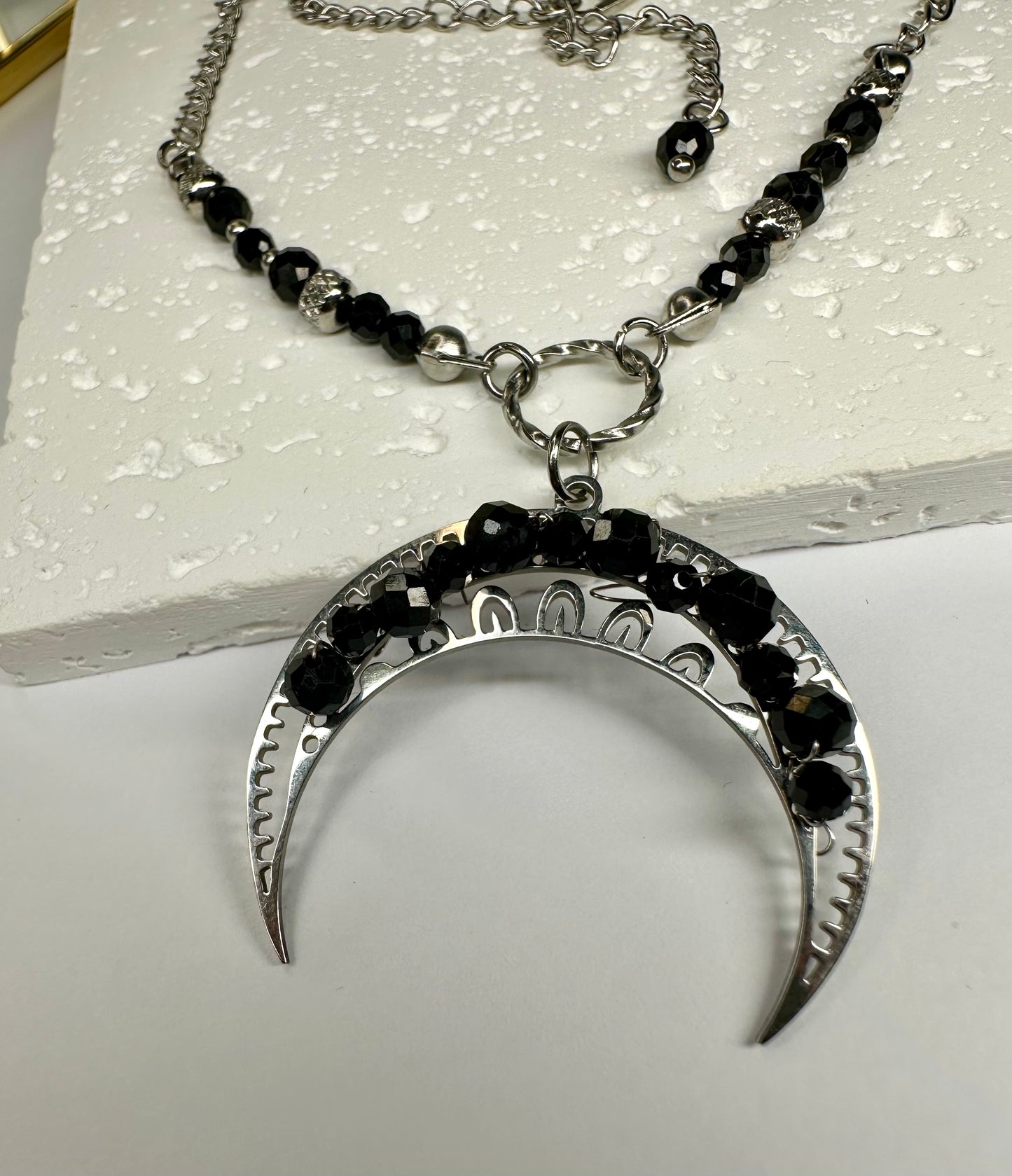 Hand‑Beaded Crescent Moon Necklace with Black Tourmaline