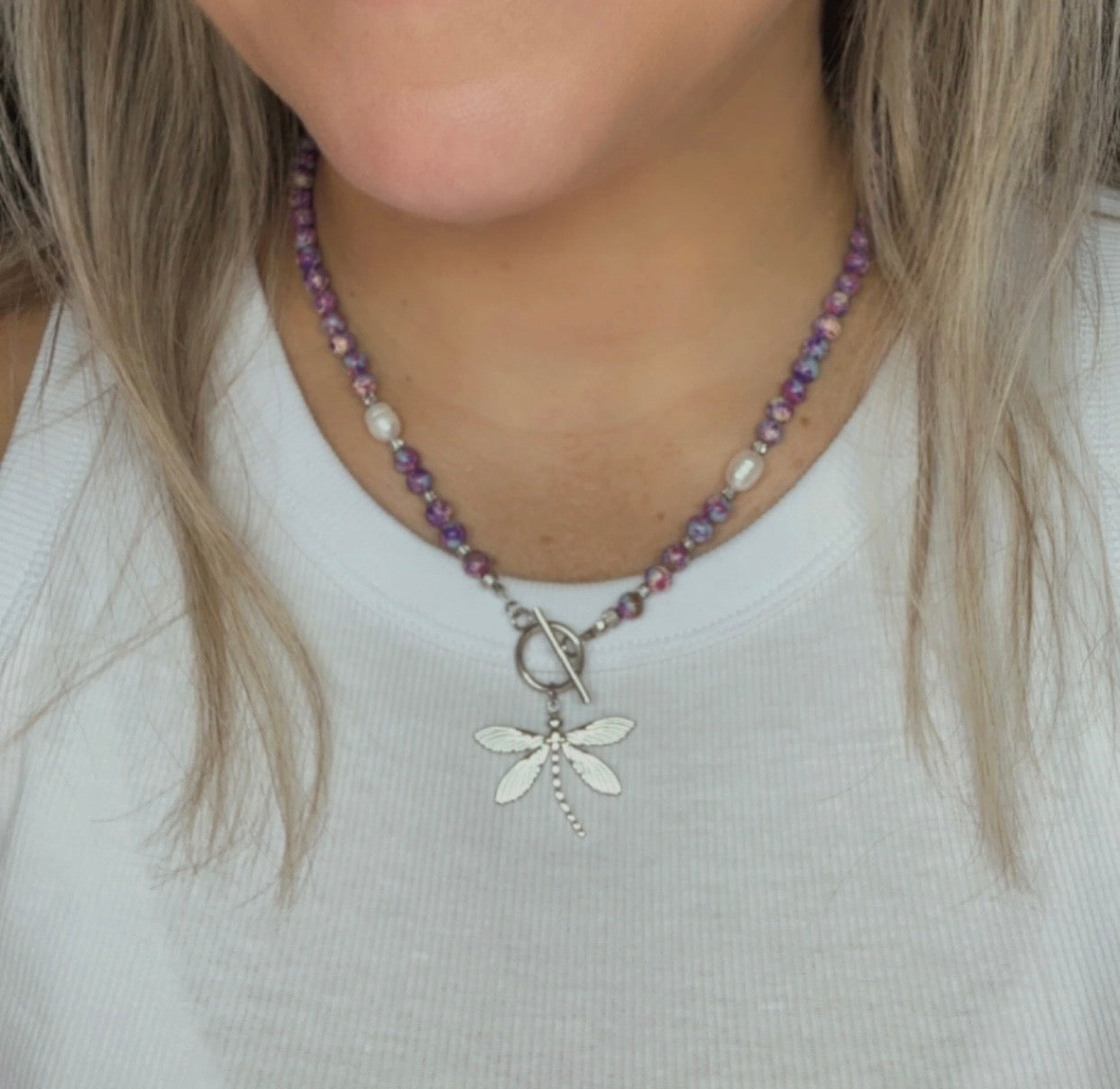 Purple Blue Sea Sediment Imperial Jasper Necklace-Barogue Pearl -Dragonfly Pendant