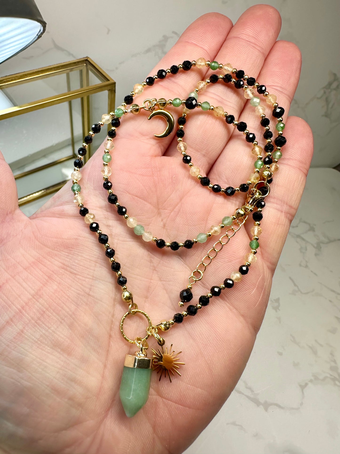 Green Aventurine Black Tourmaline Citrine Necklace • Ponity Crystal Pendant