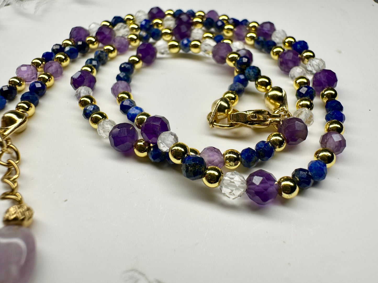 Amethyst, Clear Quartz & Lapis Lazuli Beaded Necklace – Spiritual Healing Crystal Jewelry