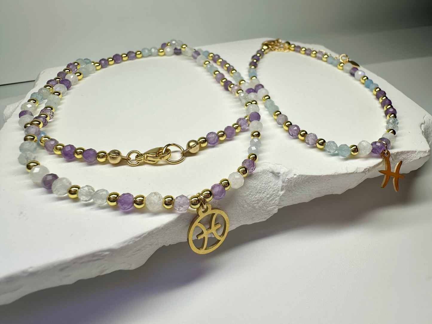 Pisces Crystal Jewellery Set – Handmade Beaded Aquamarine, Moonstone & Amethyst Necklace + Bracelet for Intuition & Calm