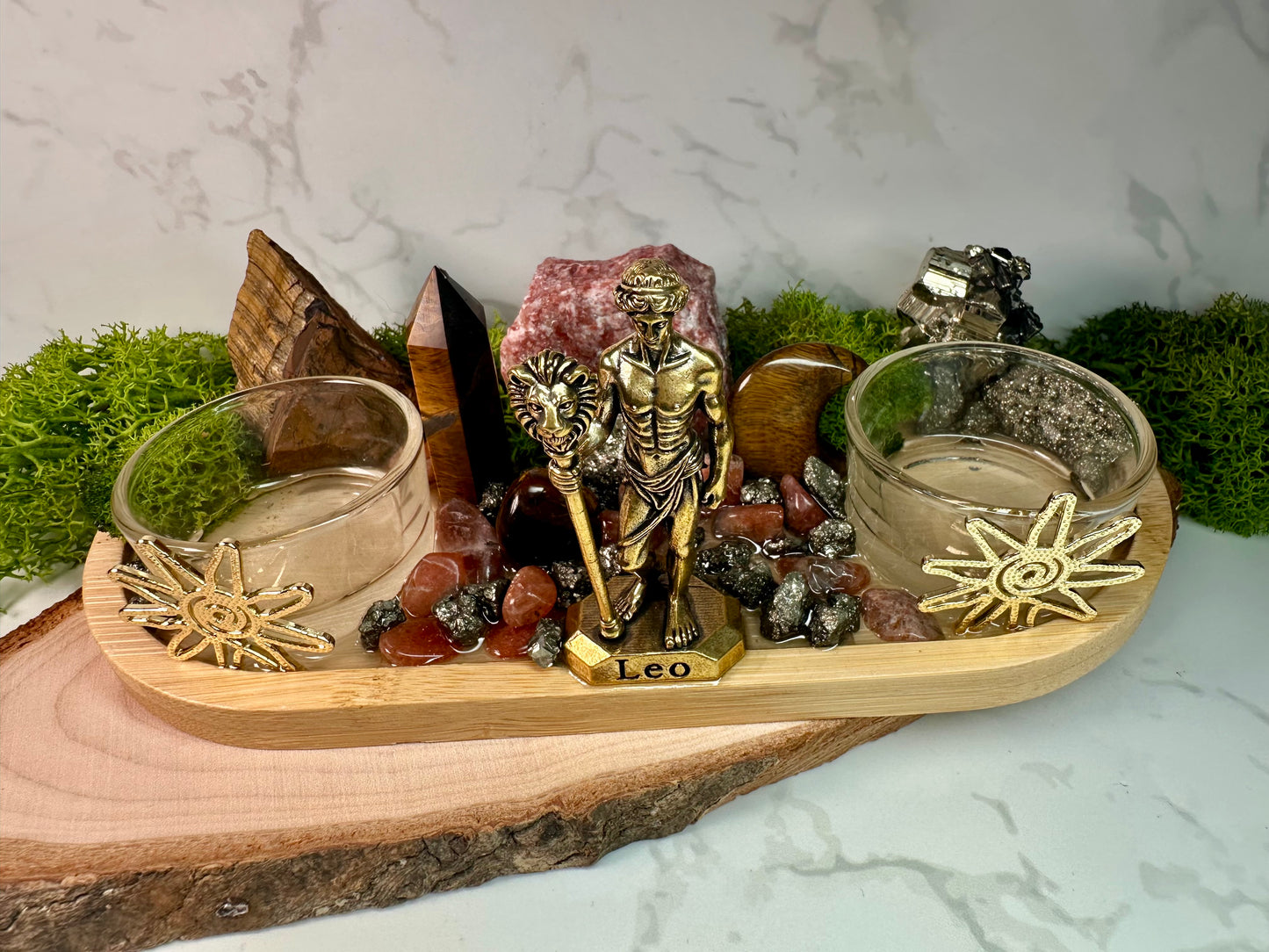 Leo Zodiac Crystal Tray • Tiger Eye, Sunstone & Pyrite • Handmade Leo Altar