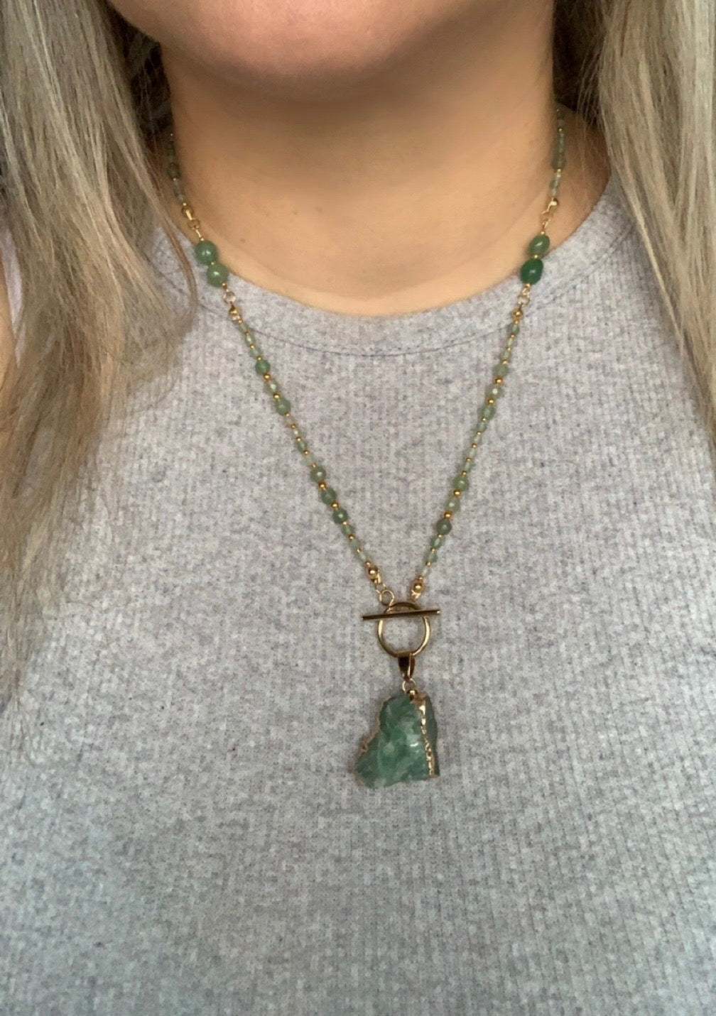 Green Aventurine Raw Pendant Necklace – Gold Toggle Clasp | Handmade Crystal Jewelry for Luck & Emotional Balance