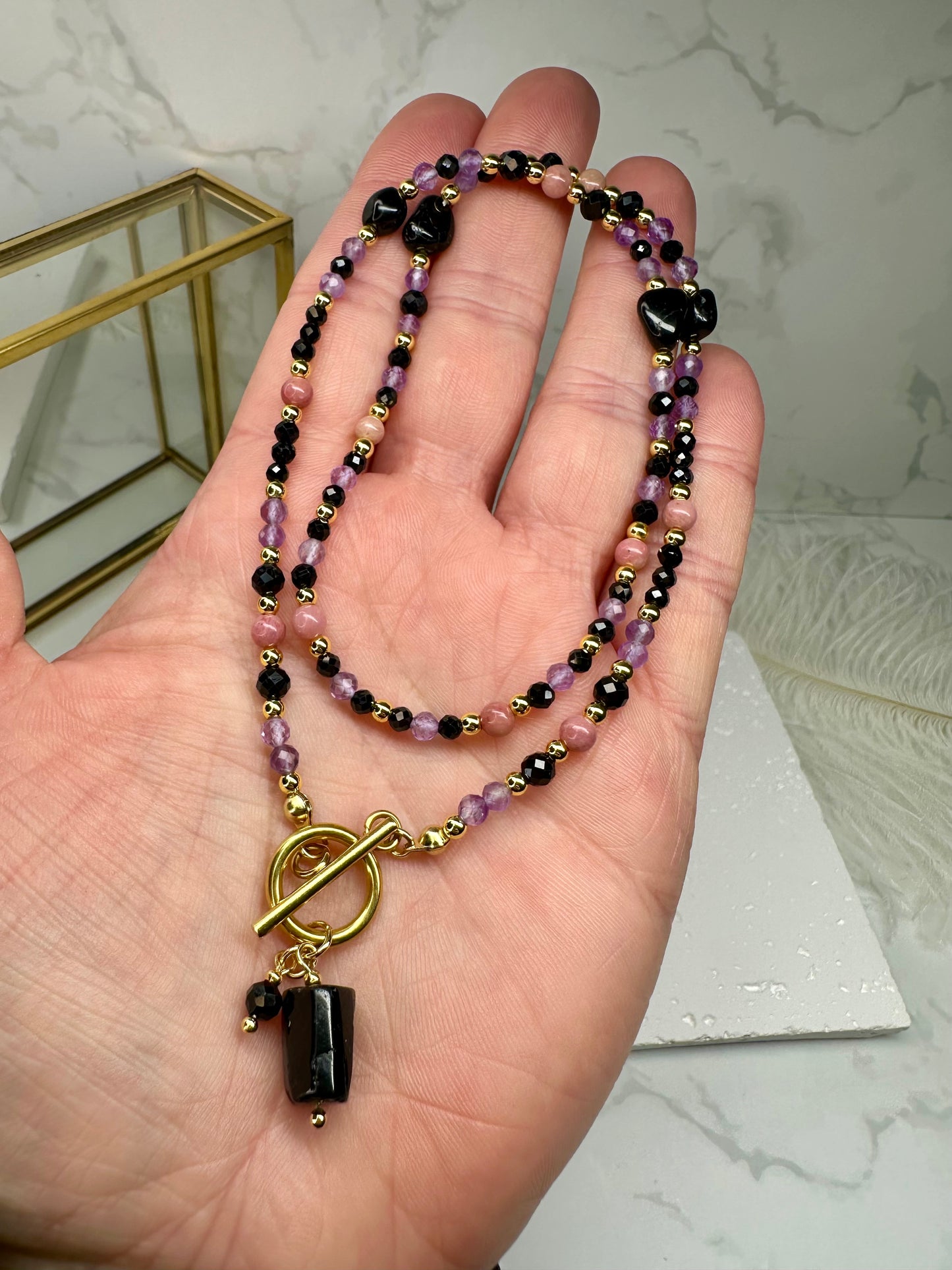 Black Tourmaline, Amethyst & Rhodonite Healing Necklace