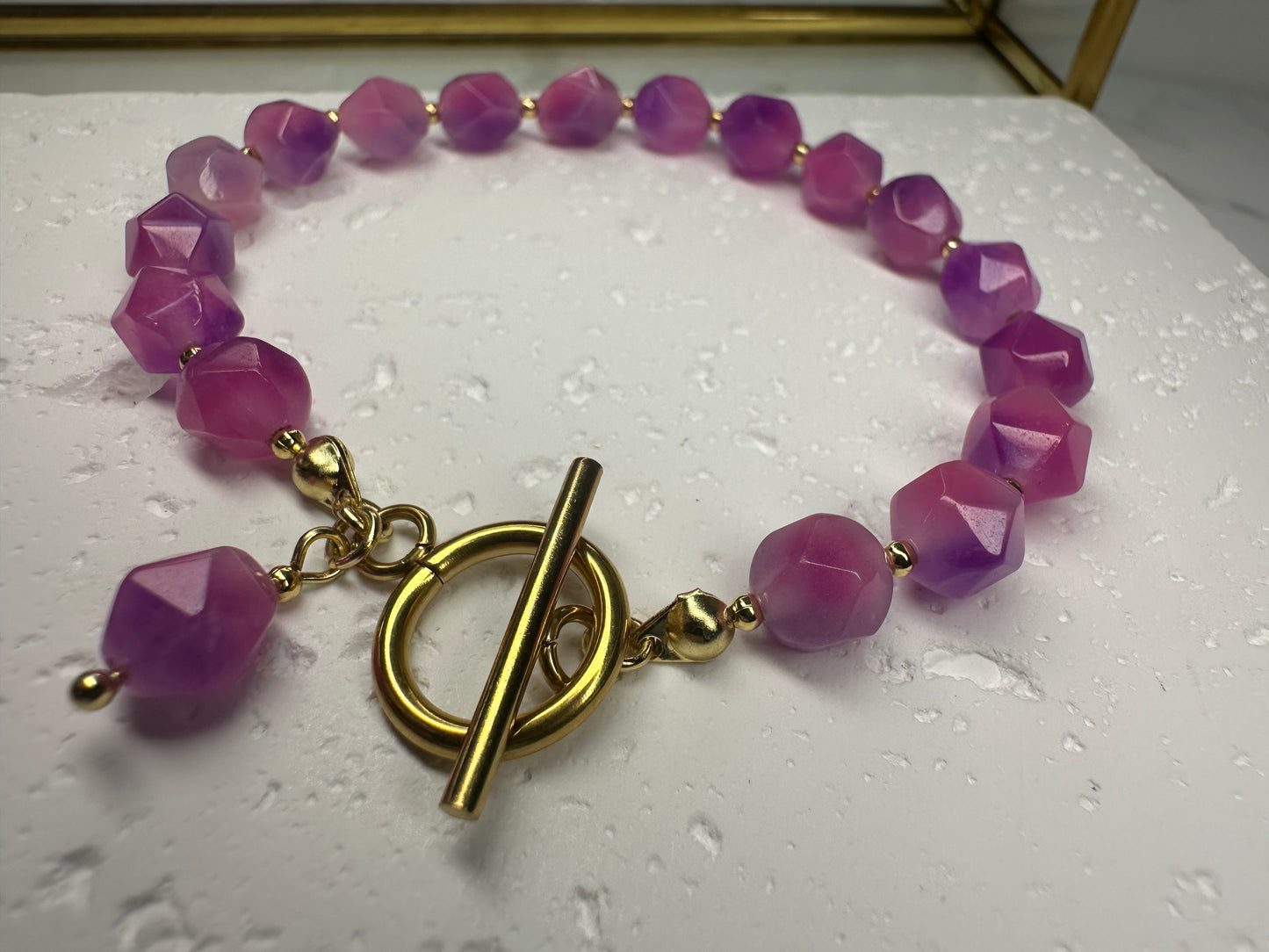 Two‑Tone Pink Jade Bracelet • 8mm•Toggle Clasp