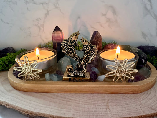 Pisces Zodiac Crystal Altar • Rainbow Fluorite, Aquamarine & Amethyst