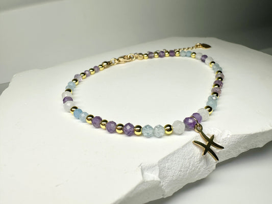 Pisces  Zodiac Bracelet,Handmade beaded Aquamarine ,Moonstone , Amethyst , Pisces Gift
