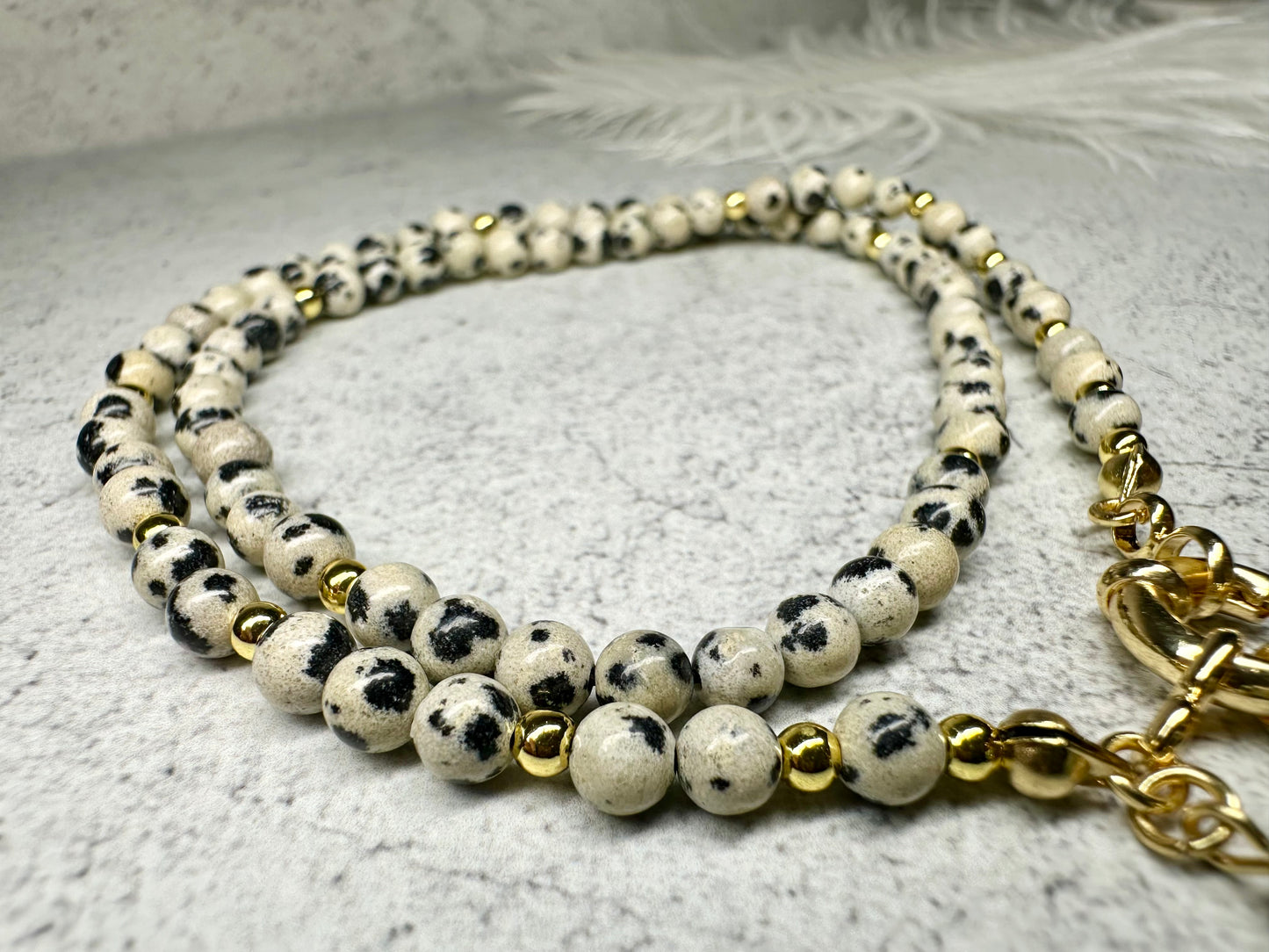Dalmatian Jasper Beaded Necklace with Gold Crescent Moon Pendant