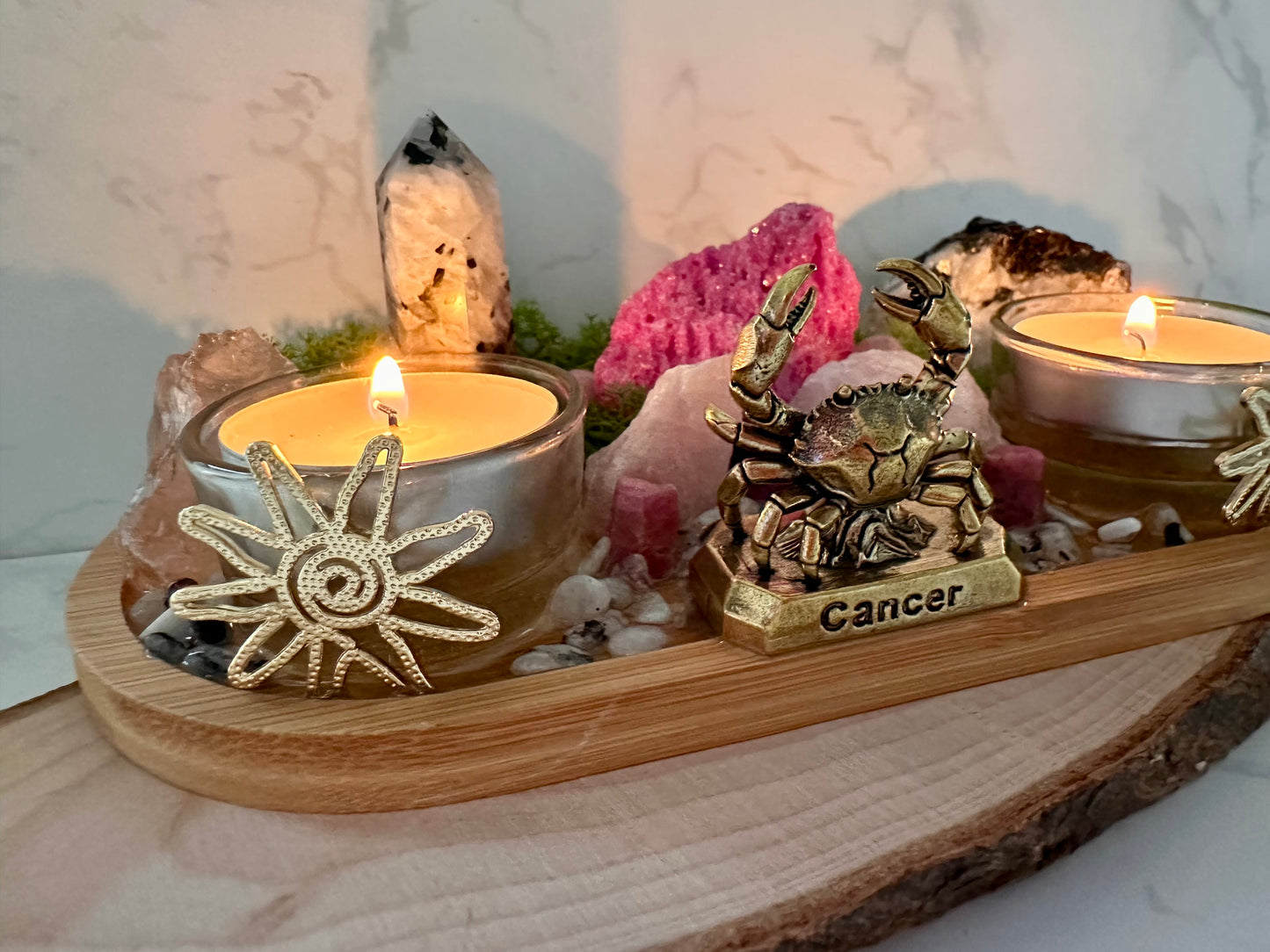 Cancer Zodiac Crystal Altar • Ruby, Rainbow Moonstone & Rose Quartz