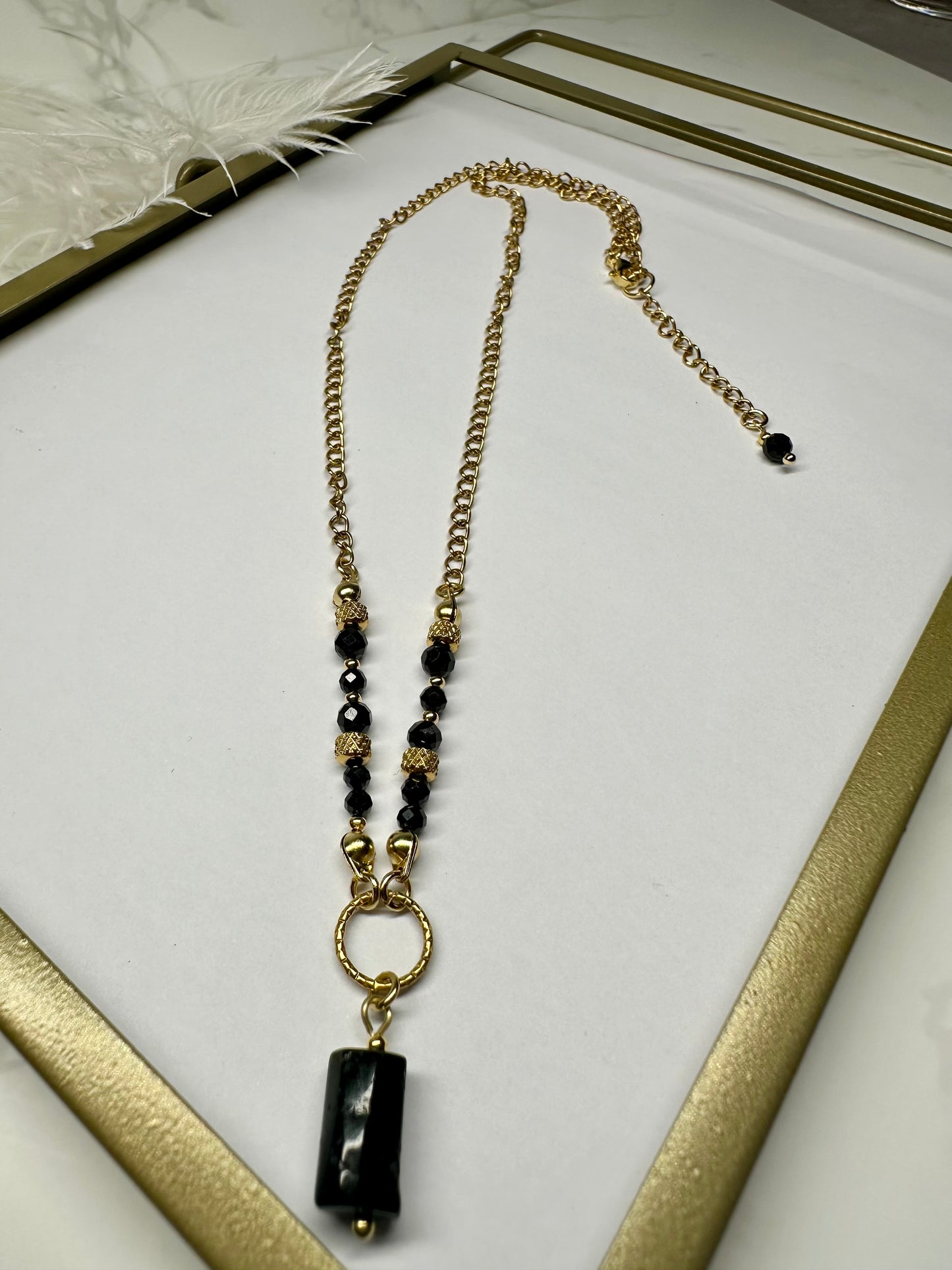Handmade Black Tourmaline Beaded Necklace on 316L Stainless Steel Chain – Grounding & Protection