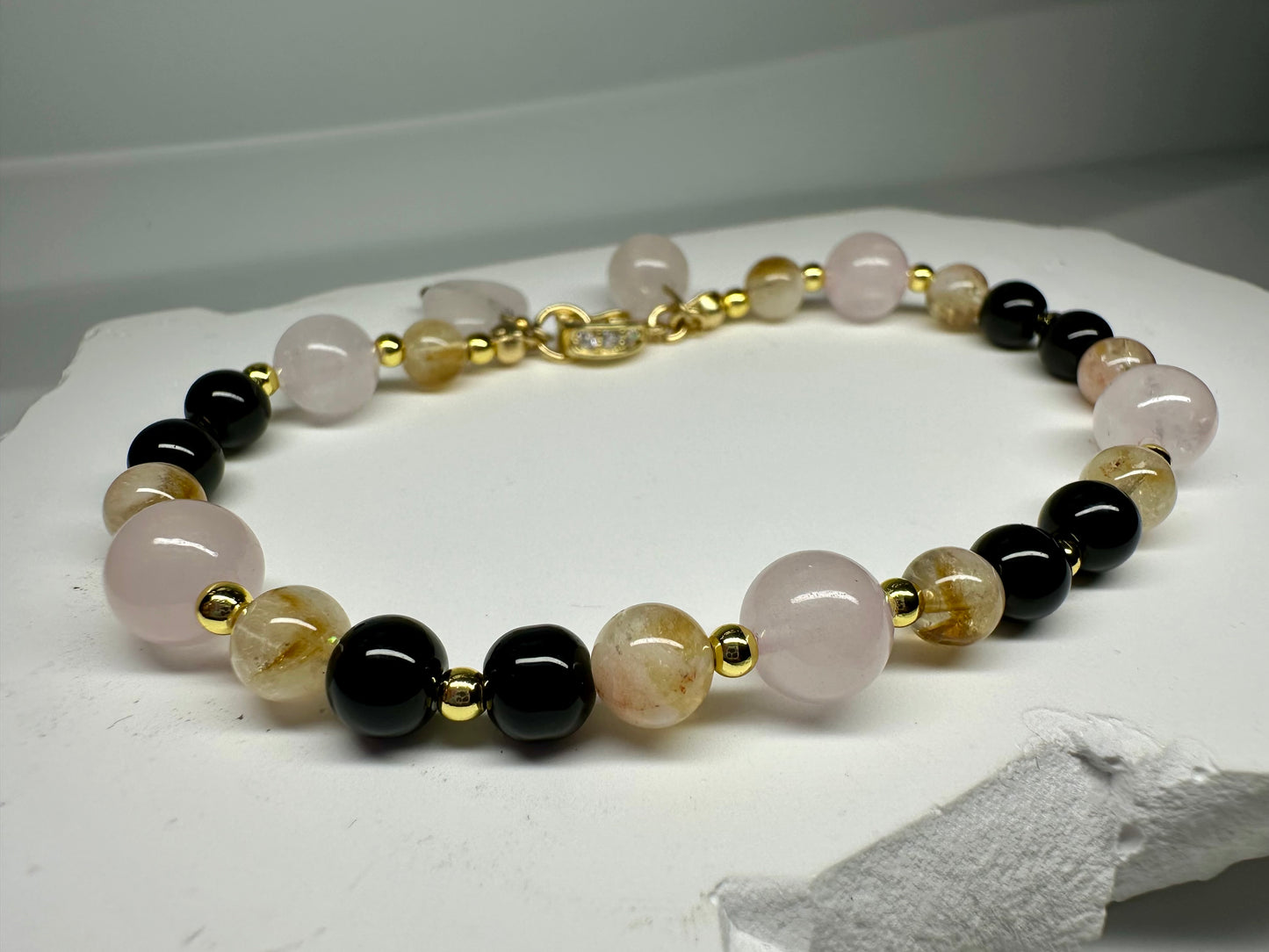 Citrine, Black Tourmaline, Rose Quartz Bracelet – Protection, Love & Abundance Bracelet